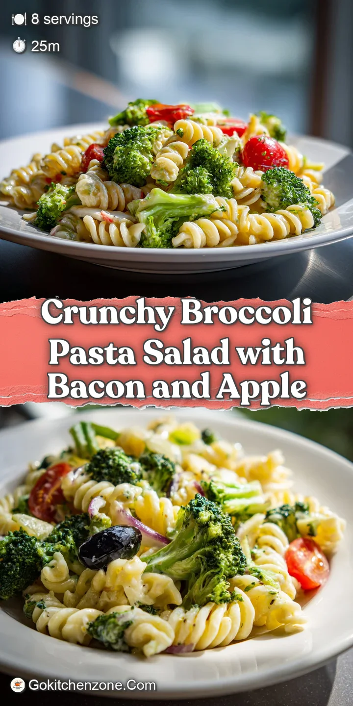 Close-up of broccoli salad reveals tender pasta, crisp broccoli florets, juicy apple, and toasted pecan pieces.