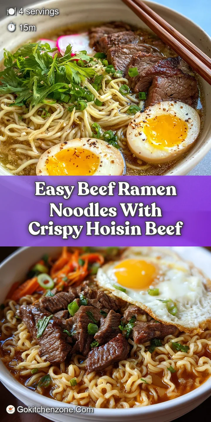 Close-up of beef ramen, highlighting the marbled beef slices and the glistening, wavy noodles swimming in a dark, savory b...