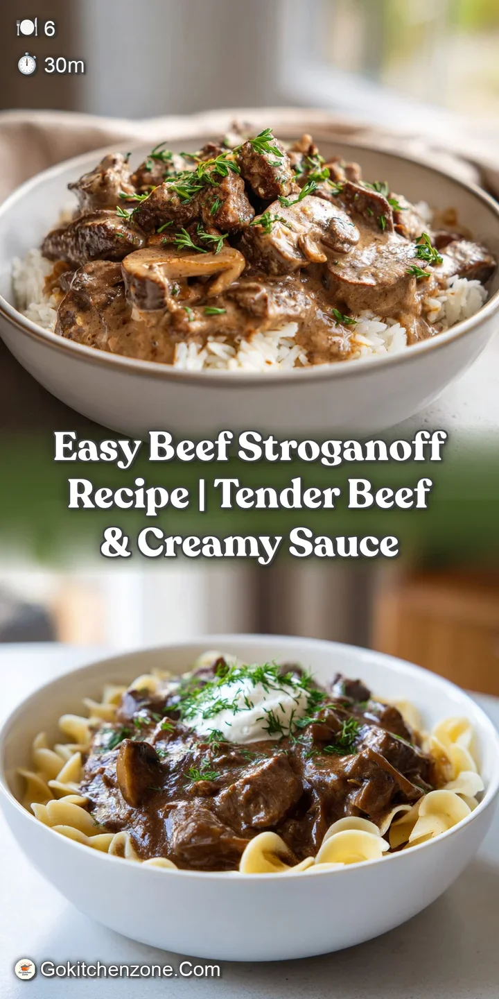 Appetizing close-up of beef stroganoff showing tender beef, creamy sauce, and fresh herbs. Steam rising from warm dish.