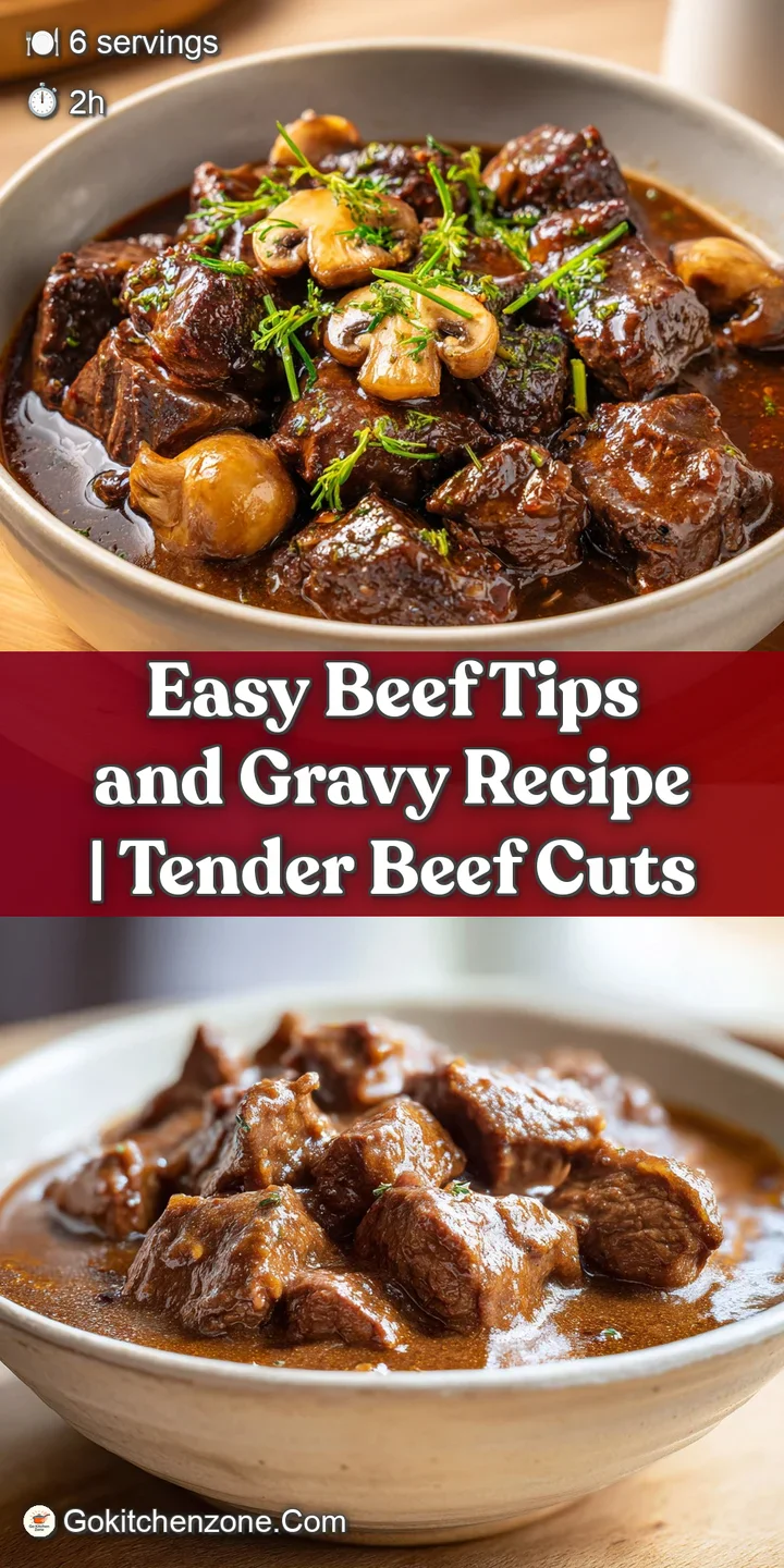 Close-up of savory beef tips simmered in a luscious, deep brown gravy, revealing tender, juicy texture and enticing steam.