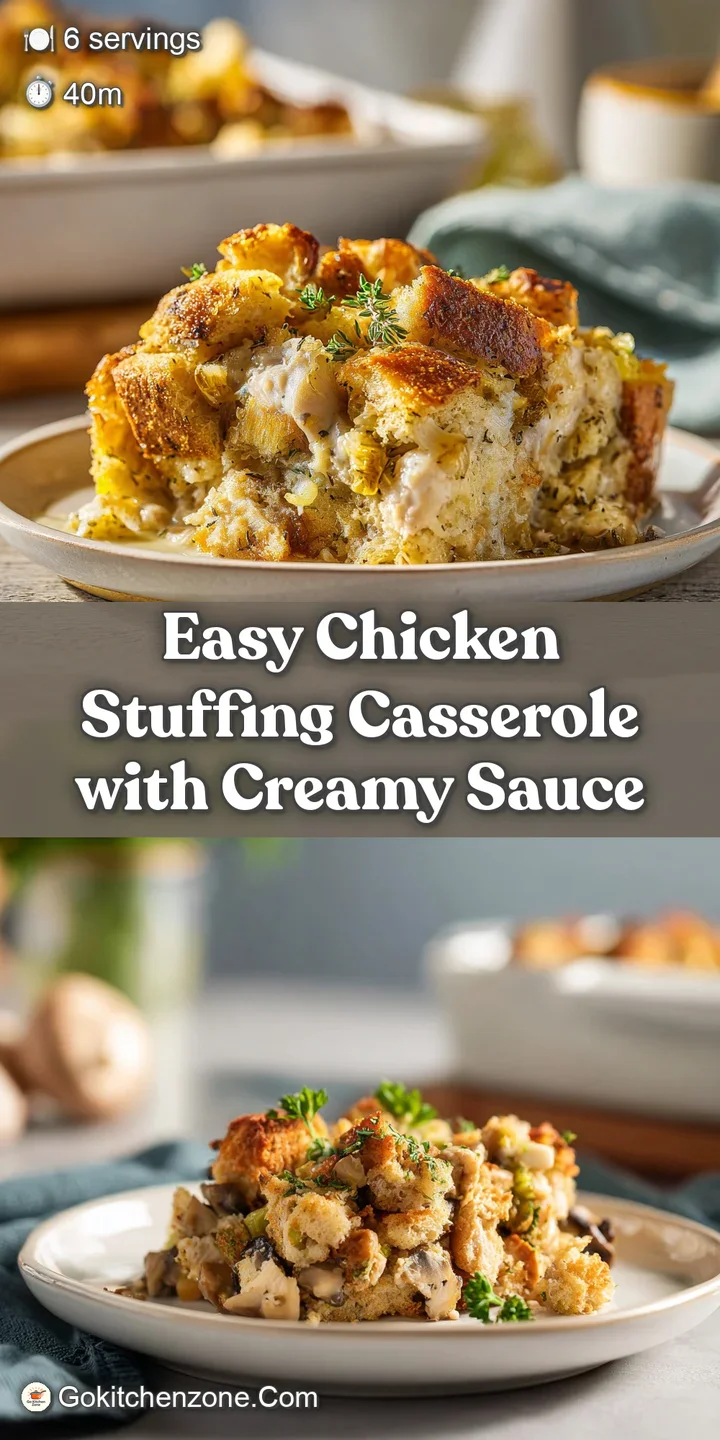Close-up of a chicken stuffing casserole; moist stuffing and tender chicken pieces are coated in a rich, creamy sauce, bro...