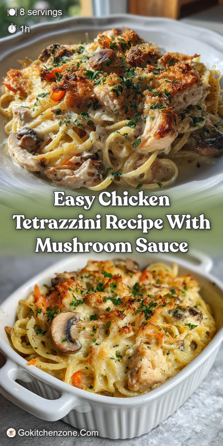Close-up of chicken tetrazzini showcasing the rich, creamy sauce and tender noodles. Hints of golden-brown baked cheese ad...
