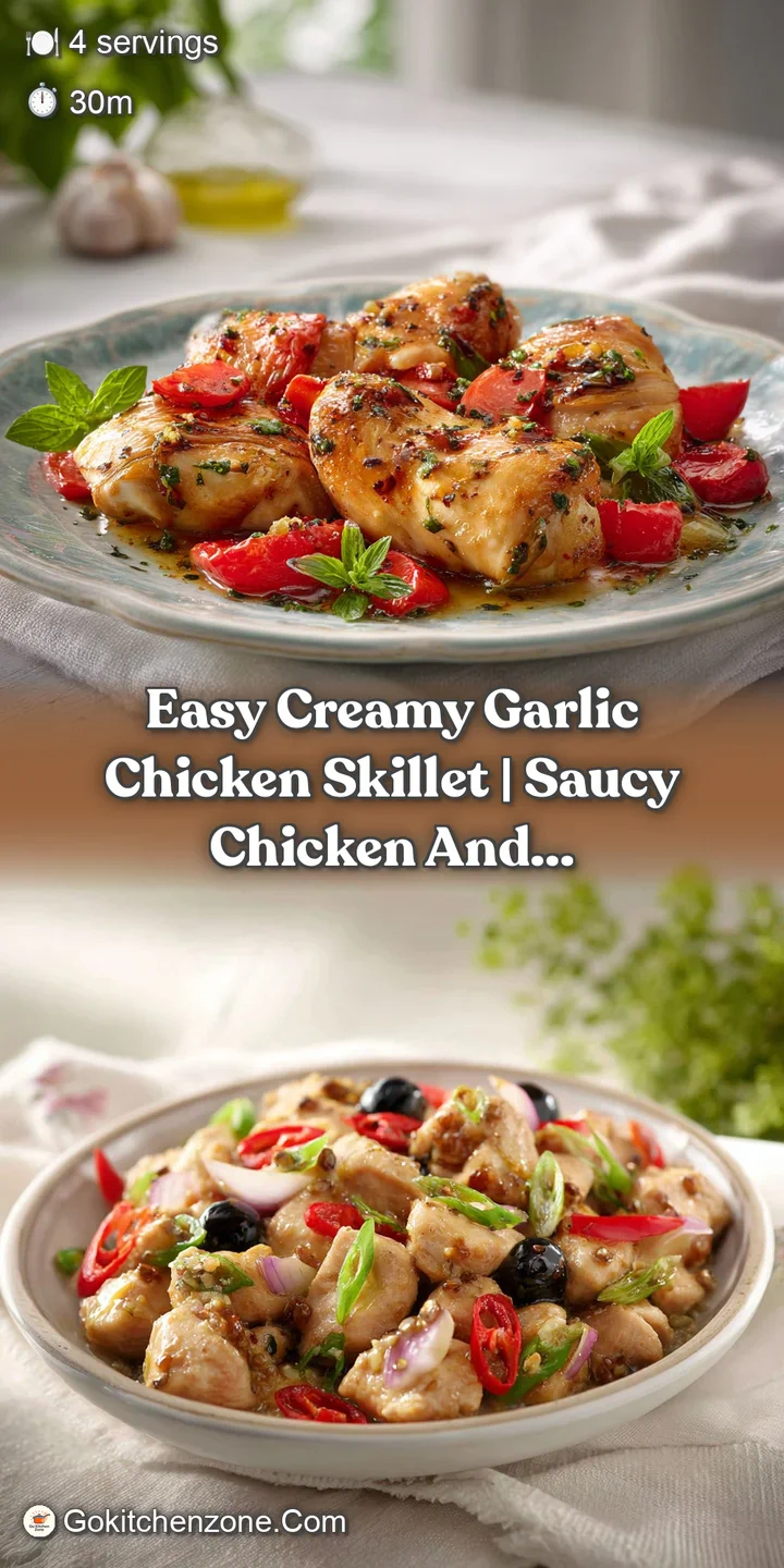 Close-up of a seared chicken thigh with a glossy, garlic-infused sauce pooling around it.