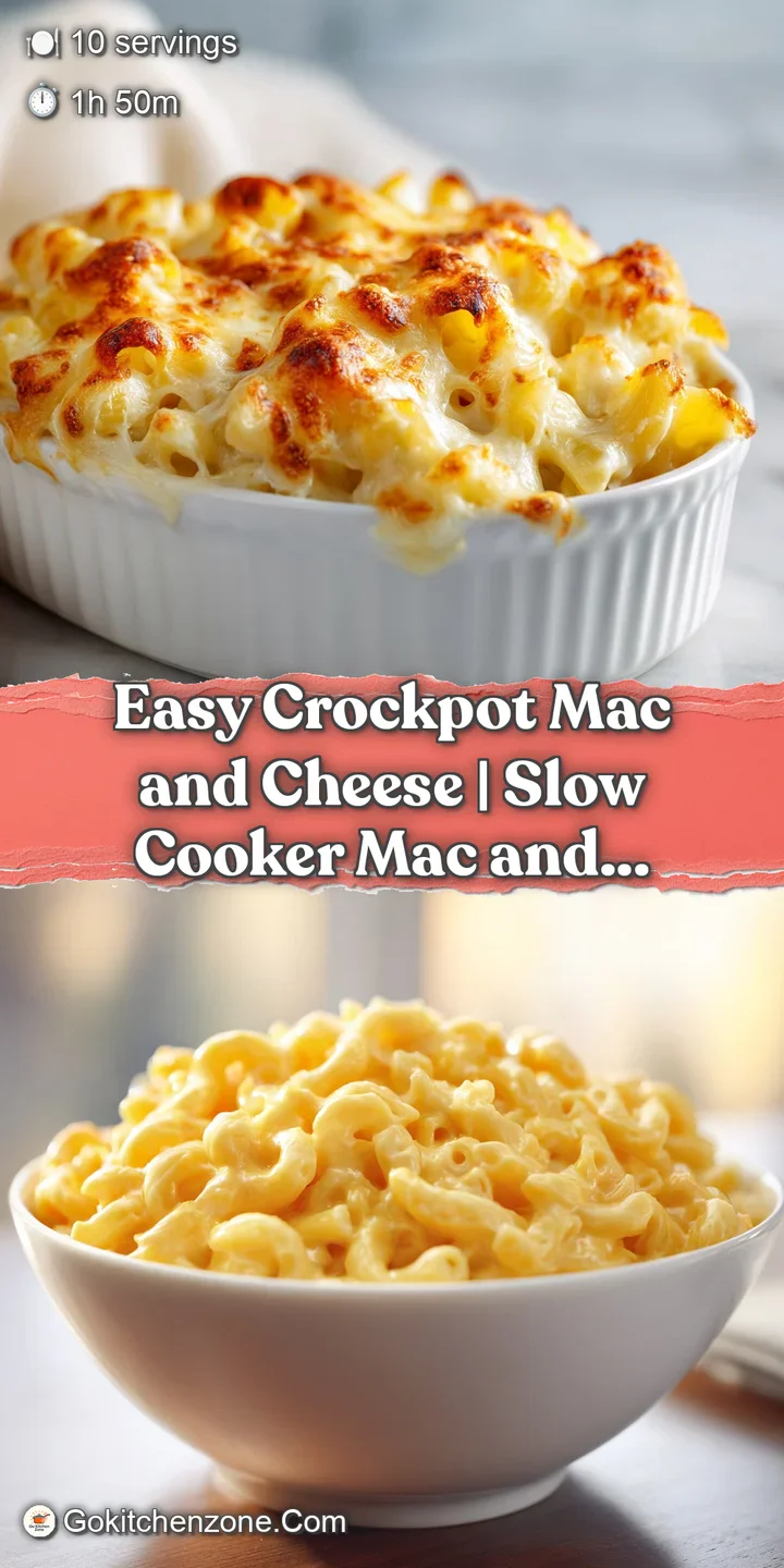 Close-up reveals the velvety texture of crockpot mac and cheese, dotted with pools of melted cheese and hints of browned e...