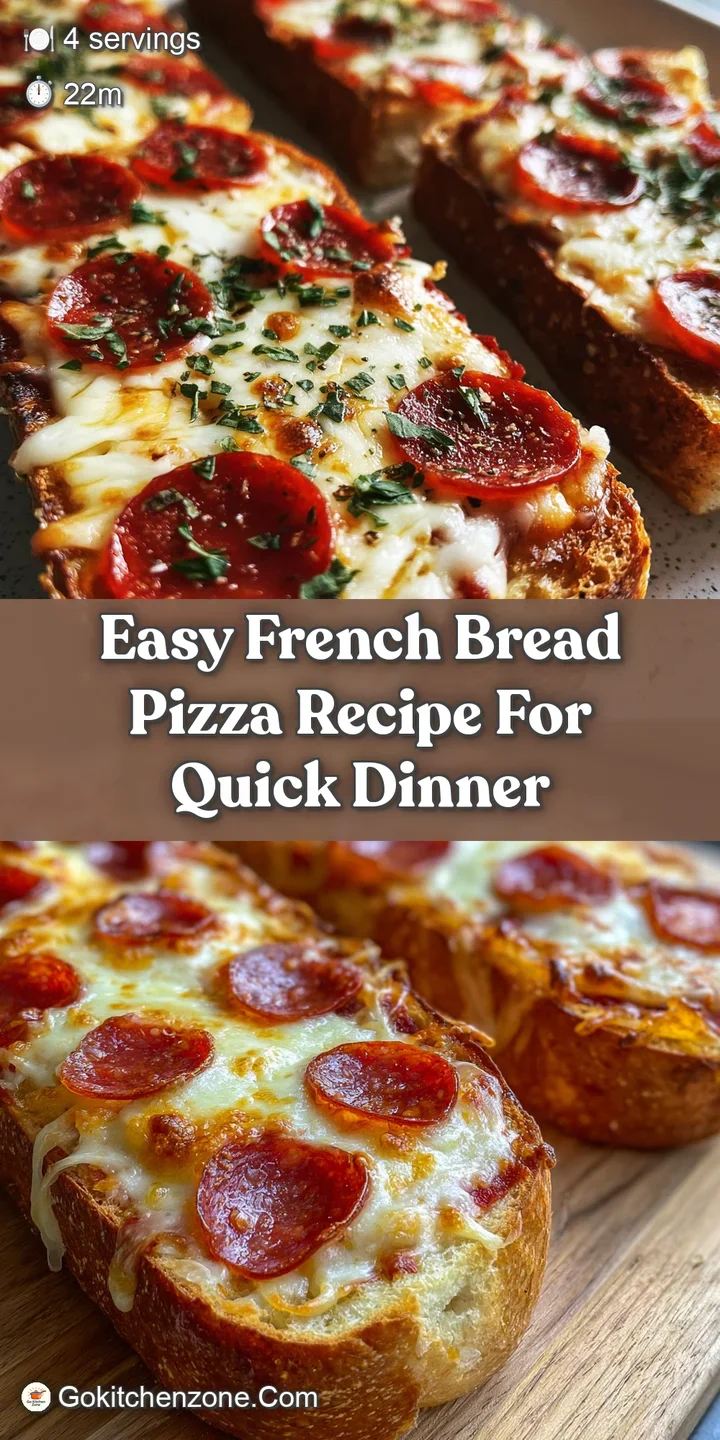 Close-up of a French bread pizza showing the bubbly cheese, bright sauce, and flavorful toppings on crusty bread.