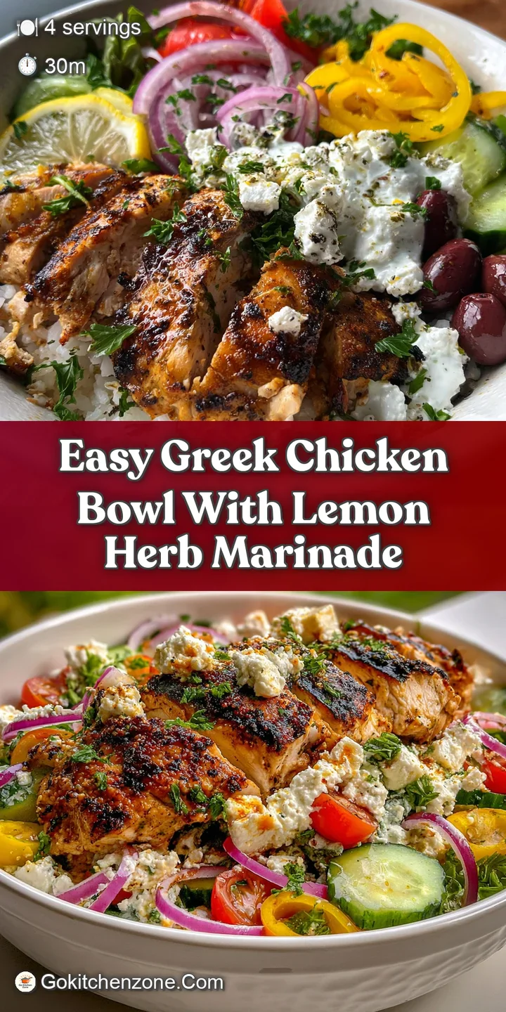 Close-up of a delicious Greek chicken bowl, showcasing juicy chicken, crisp vegetables, and rich, cool tzatziki.