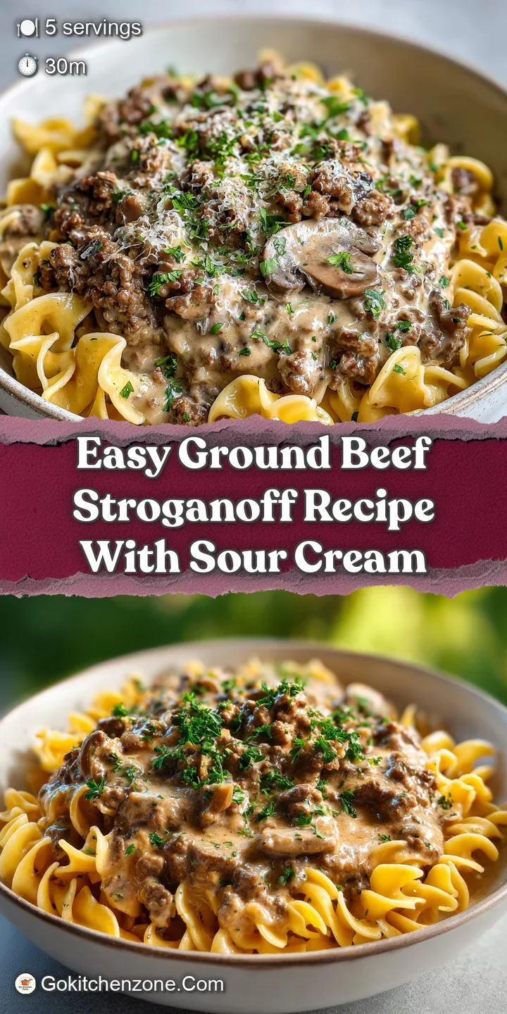 Close-up of ground beef stroganoff: creamy sauce clings to wavy noodles, flecked with herbs, a comforting and hearty dish.