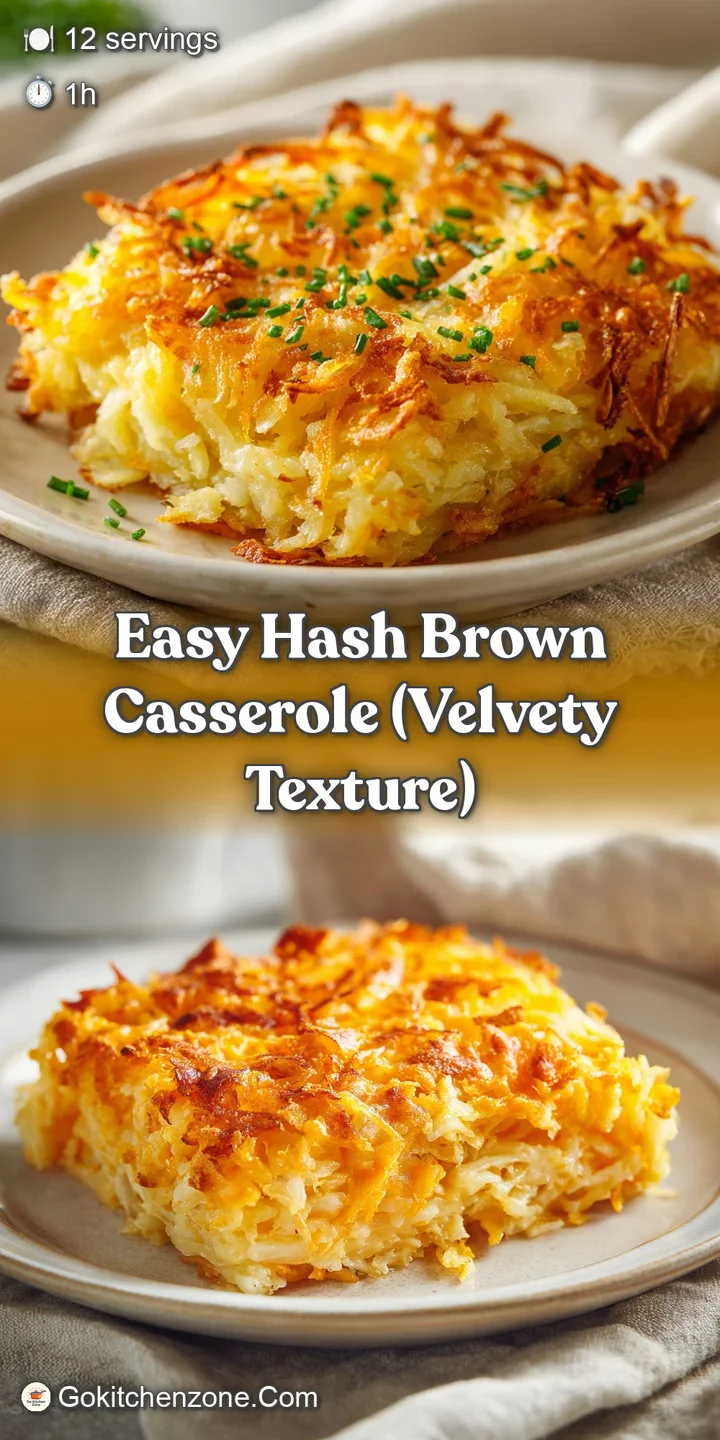 Close-up of a creamy hash brown casserole, showing the tempting texture of golden-brown potatoes and melted cheddar cheese.