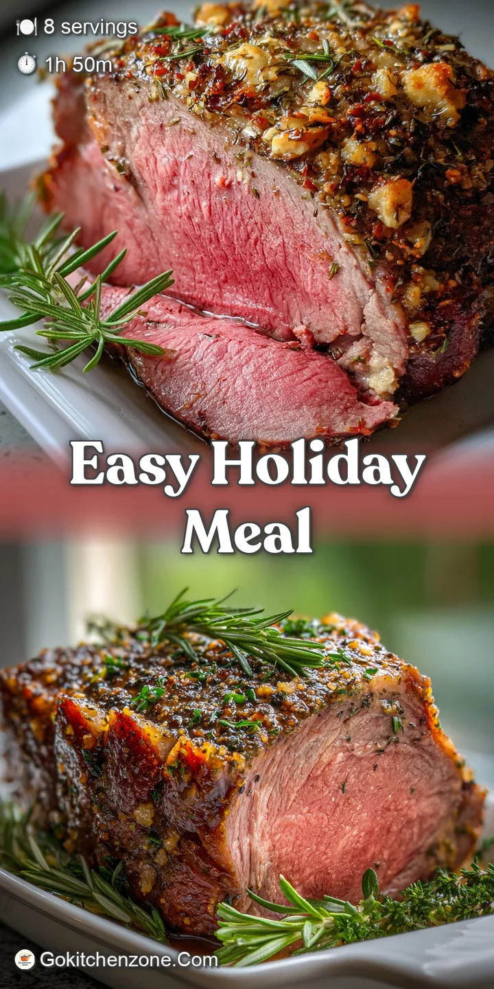 Close-up of a perfectly roasted beef, glistening with herbs, slow-cooked until tender with browned crispy edges.