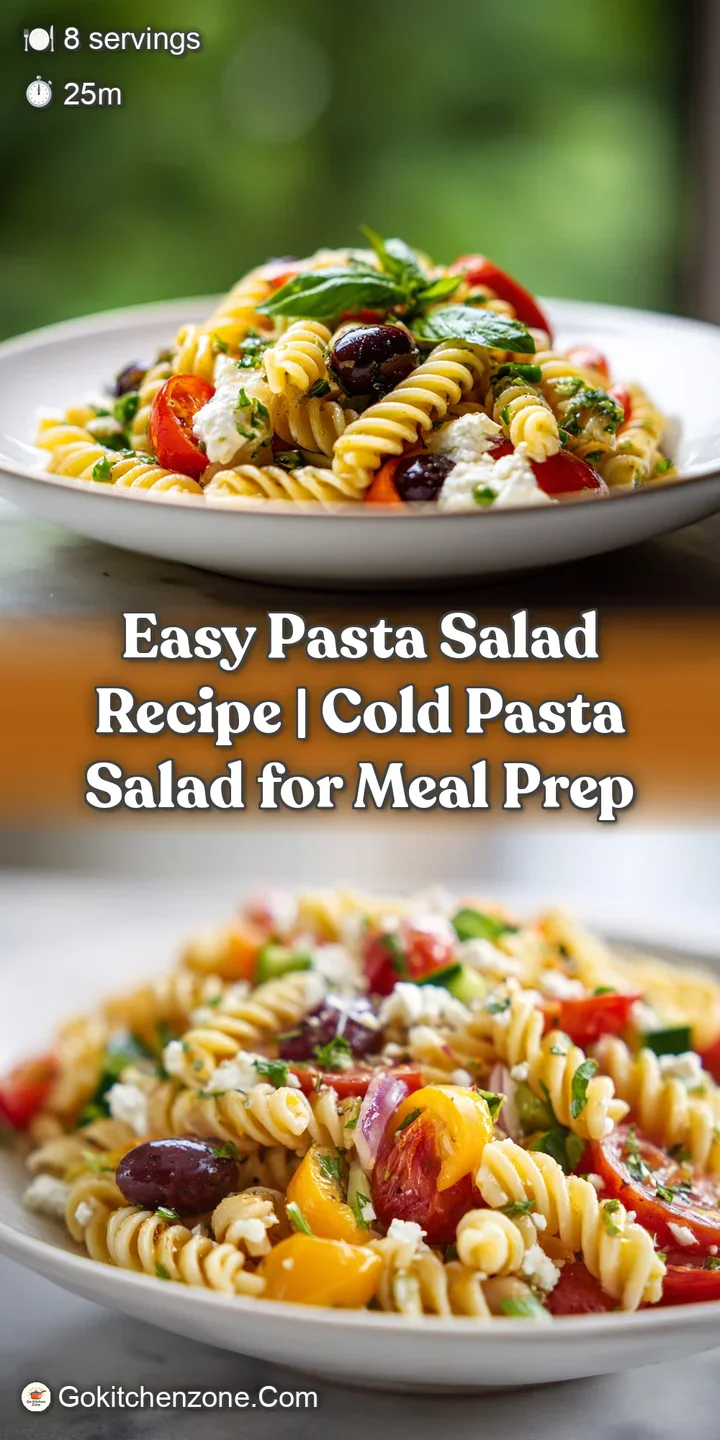 Close-up of glistening pasta salad with visible herbs and a creamy dressing clinging to the various pasta shapes and veget...