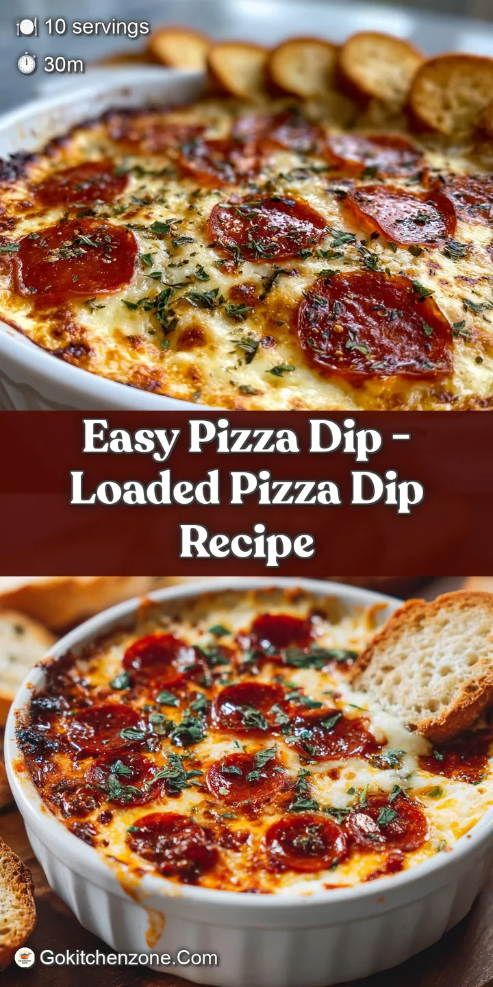 Close-up of warm pizza dip, showing the stringy melted mozzarella, vibrant pepperoni, and flecks of green herbs; an inviti...