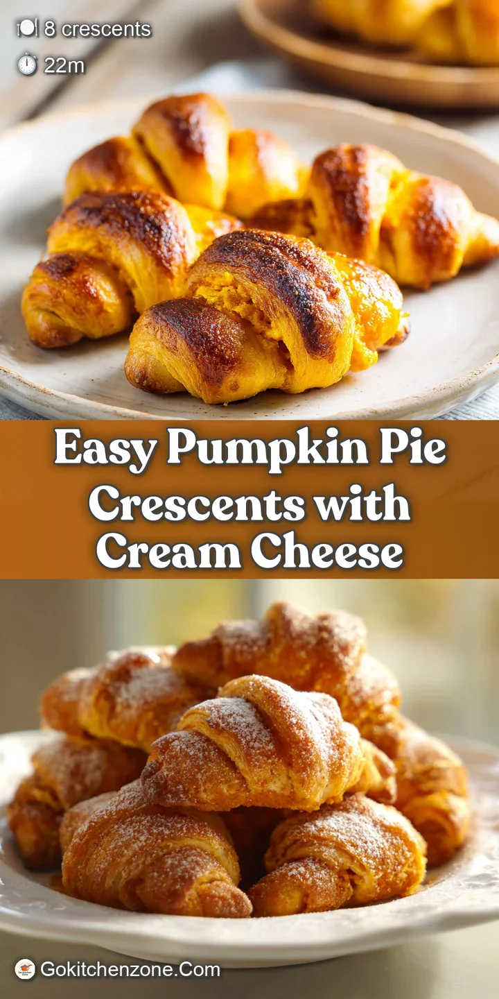 Close-up of a pumpkin-filled crescent, its flaky layers visible, topped with a rich cream cheese drizzle and a hint of spice.