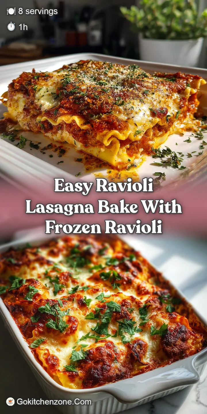 Close-up reveals layers of ravioli and ricotta, smothered in rich red sauce. The cheese is browned and melted, bubbling hot.