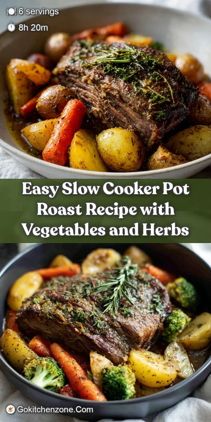 Close-up of fork-tender pot roast meat, deeply browned and coated in a glossy, herb-flecked sauce.