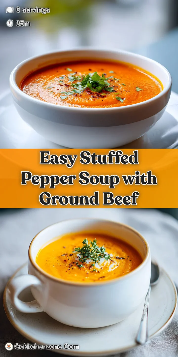 Close-up of hearty stuffed pepper soup showing ground meat, rice, and tender pepper pieces swimming in flavorful tomato br...