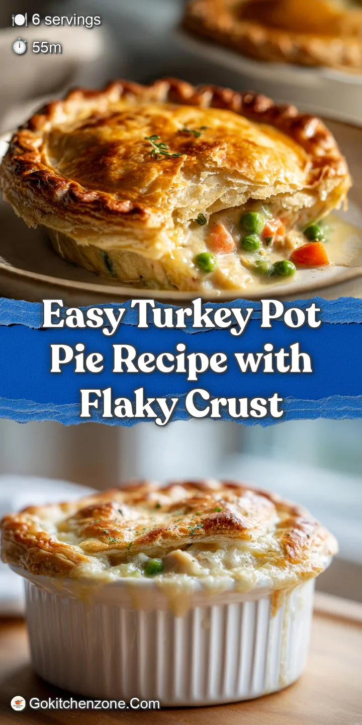 Up-close view of a turkey pot pie revealing a steaming, creamy filling with carrots, peas, and herbs beneath a browned, fl...