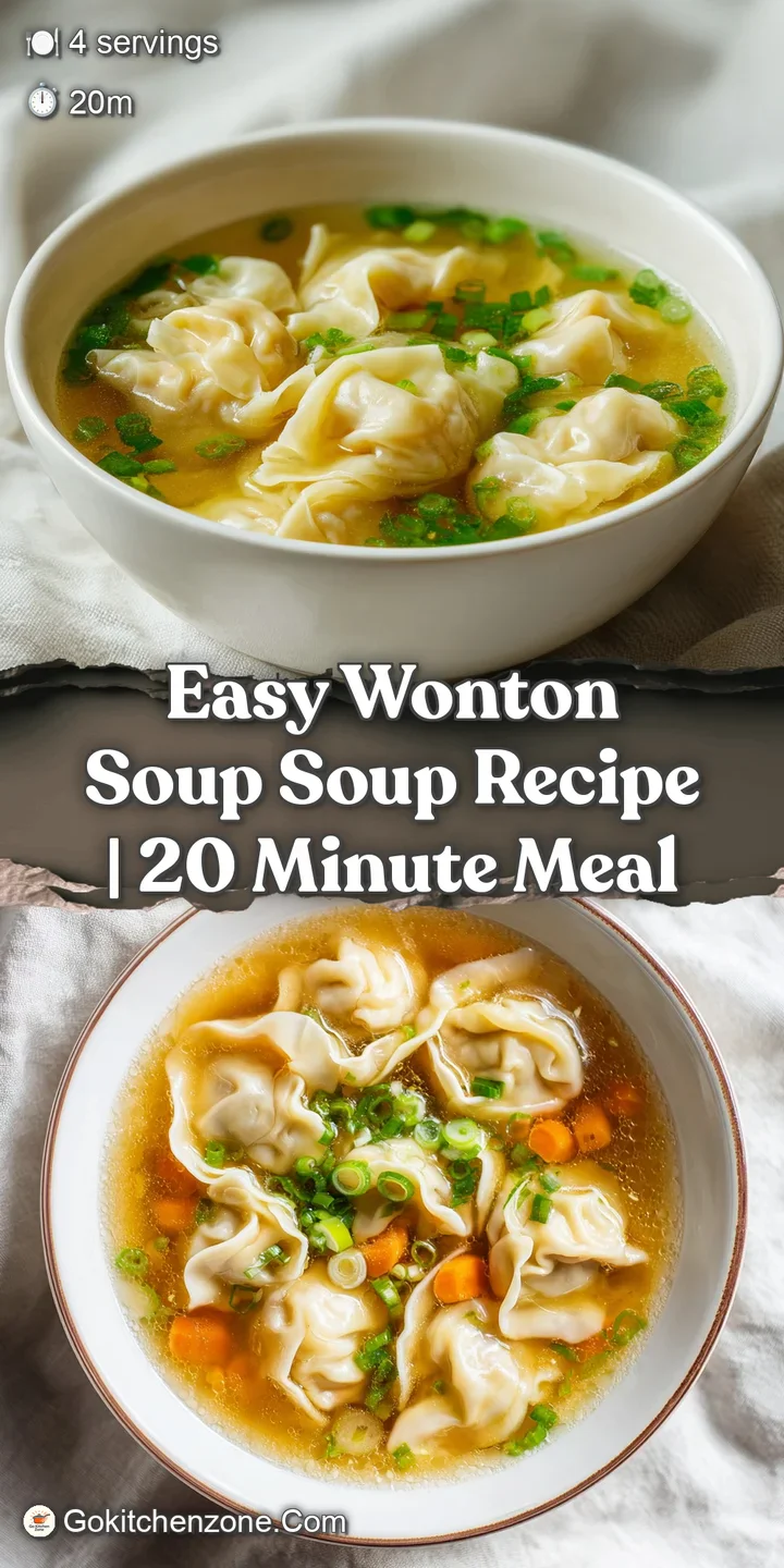 Close-up of glistening wontons floating in a clear, fragrant broth, dotted with vibrant green scallions and tender noodles.