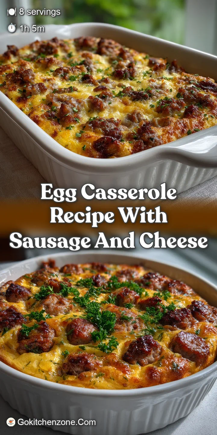 Close-up of a cheesy egg casserole with visible sausage. The warm, inviting colors and textures of breakfast at its best.