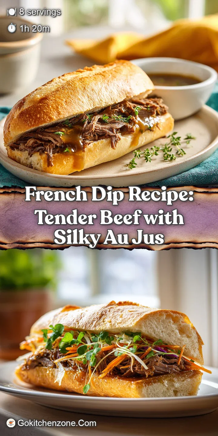 Close-up of a dripping, juicy French dip sandwich. Beef shines, golden bun, dark, flavorful au jus oozes. Mouthwatering view.