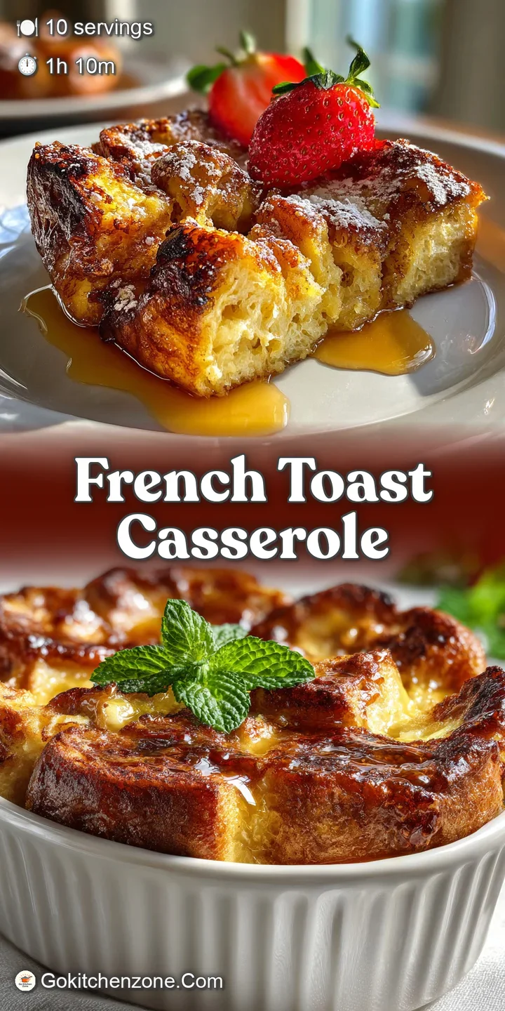 Close-up shows the soft, custardy interior of a baked French toast casserole, hinting at its rich, comforting flavor.