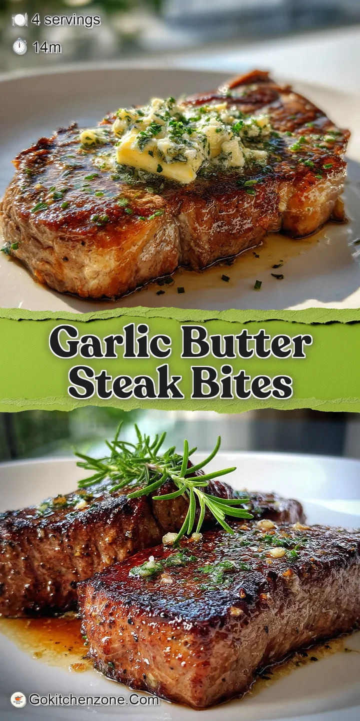 Close-up of a juicy minute steak swimming in garlicky melted butter and fresh herbs, ready to be devoured. Texture is ever...