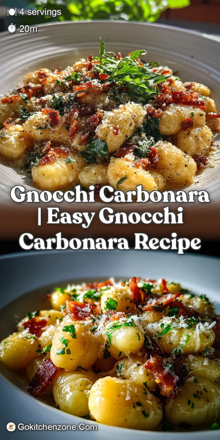 Close-up: pillowy gnocchi swimming in velvety carbonara sauce. Visible flecks of pepper and crispy pork add tempting texture.