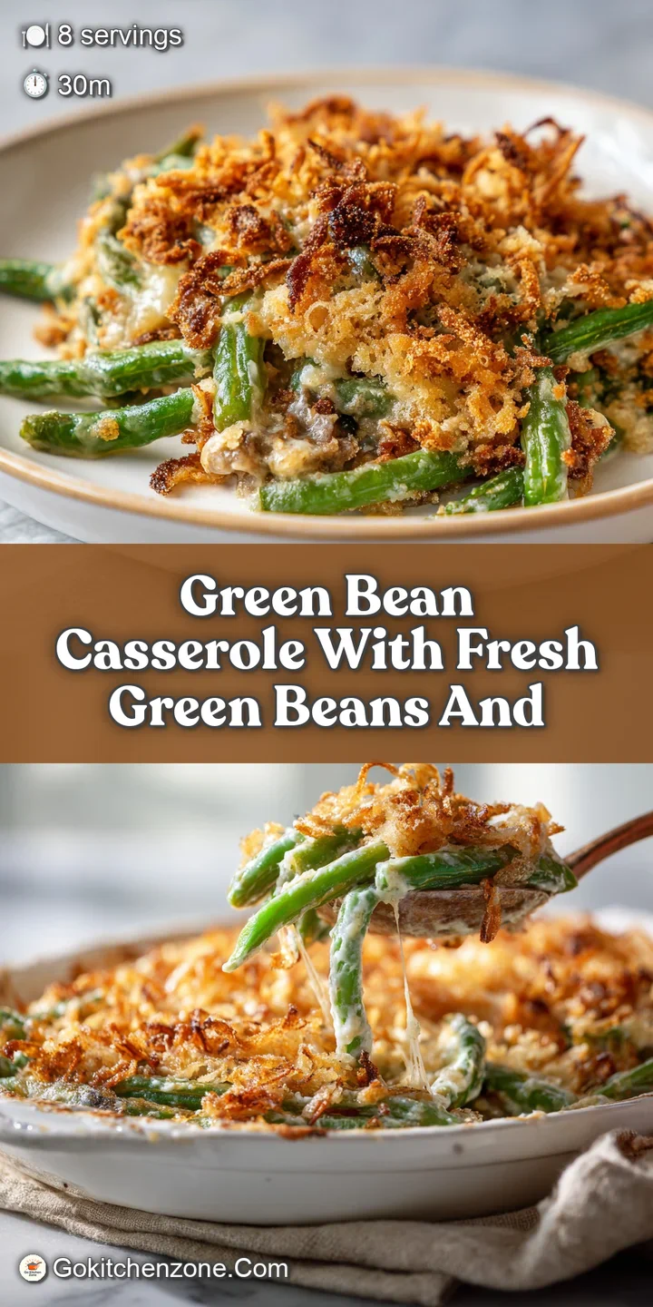 Close-up of bubbling, creamy green bean casserole with golden brown fried onions and pops of vibrant green.