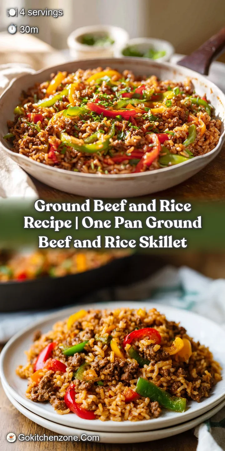 Juicy, browned ground beef mingling with fluffy white rice and pops of bright, softened bell peppers in a delicious close-up.