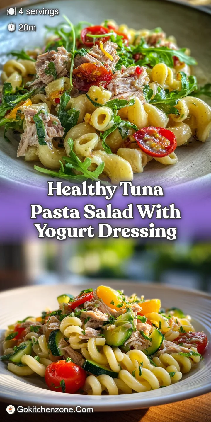 Close-up of tuna pasta salad showcasing flaky tuna, plump pasta, and a rich, glistening Greek yogurt dressing with herb fl...