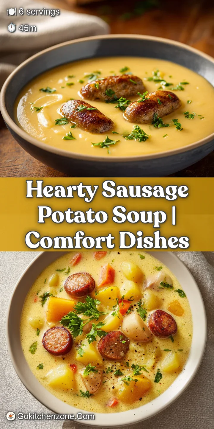 Close-up of chunky sausage potato soup. Steam rises from the creamy broth, highlighting the savory spices and fresh herbs.