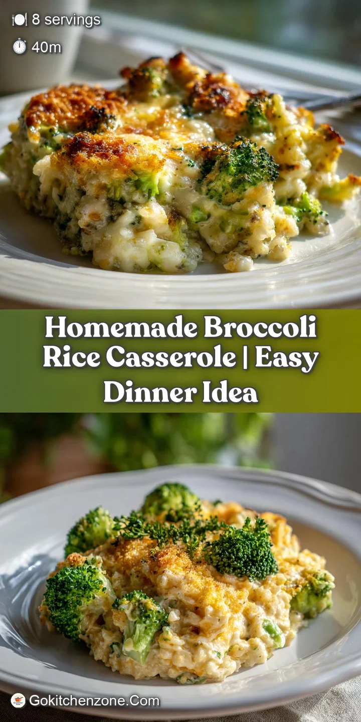 Close-up of bubbly, cheesy broccoli rice casserole. Steam rises from the creamy surface, flecked with golden-brown baked b...