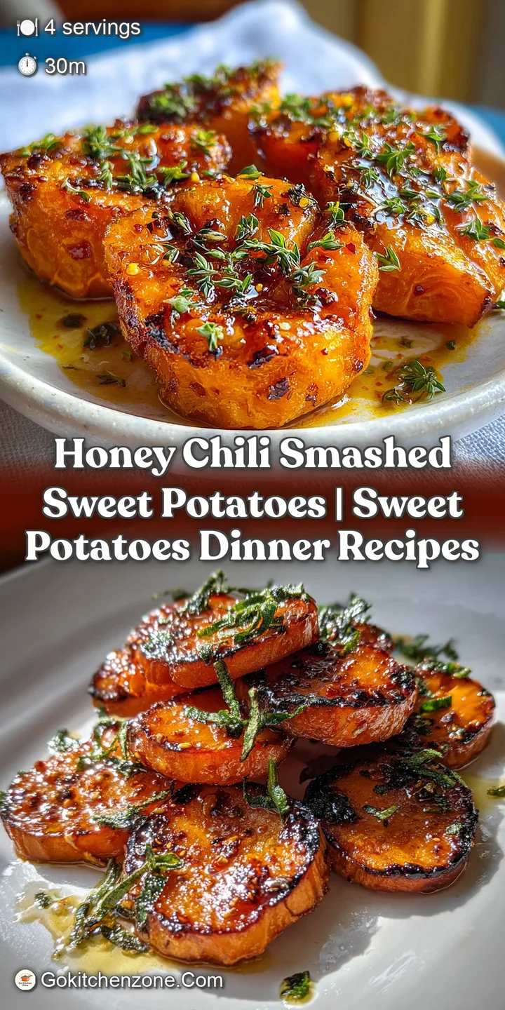Close-up of a honey-glazed sweet potato, the caramelized edges creating a satisfying crunch. Chili flakes add a pop of bri...