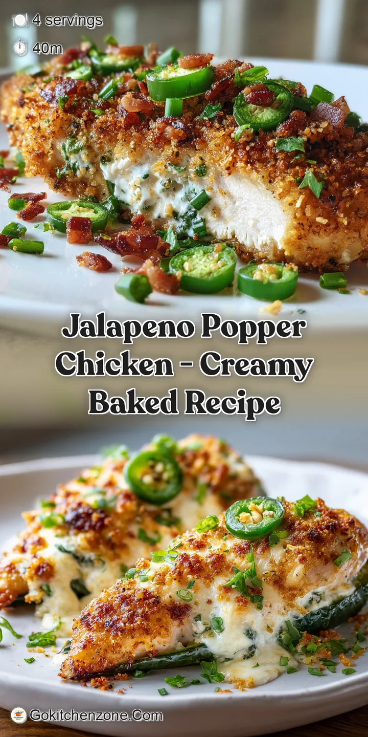 Close-up of golden-brown chicken, glistening cheese and bright green jalape&ntilde;os; hints of crispy breading and baked perfect...