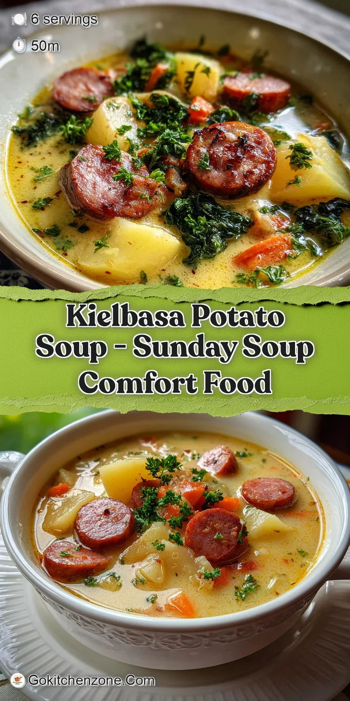 Close-up of creamy potato soup with visible chunks of kielbasa. Paprika dusting & fresh parsley glisten invitingly.