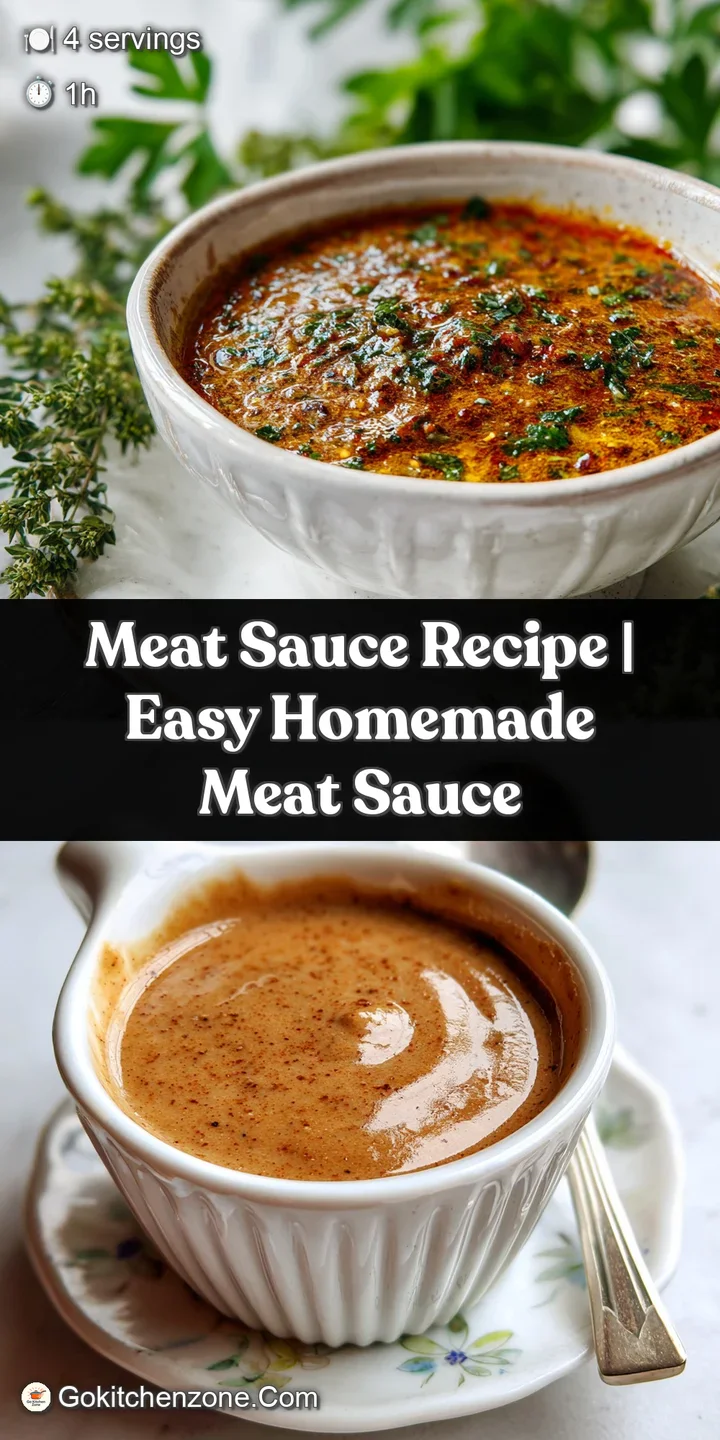 Close-up: Deep red meat sauce glistening with rendered fat. Chunks of seasoned meat and vibrant herbs hint at savory taste.