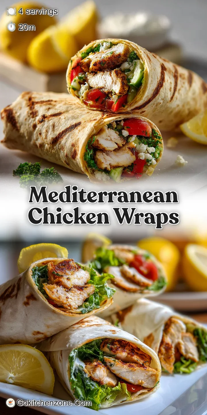 Close-up of a Mediterranean chicken wrap: charred chicken, crisp lettuce, bright tomatoes, and a creamy sauce oozing from ...
