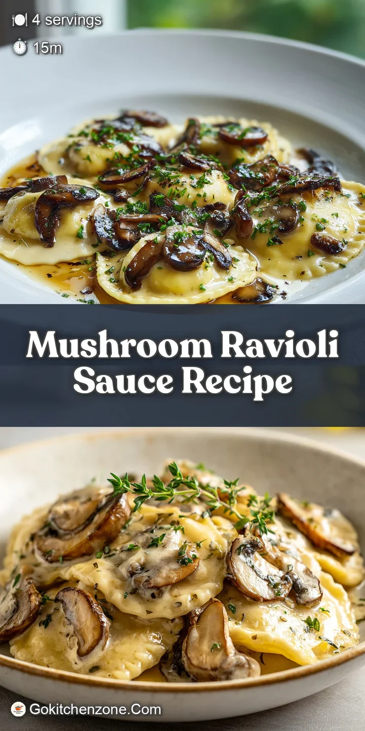 Close-up of mushroom ravioli with a luscious sauce clinging to each pasta pocket. Visible flecks of herbs and browned mush...