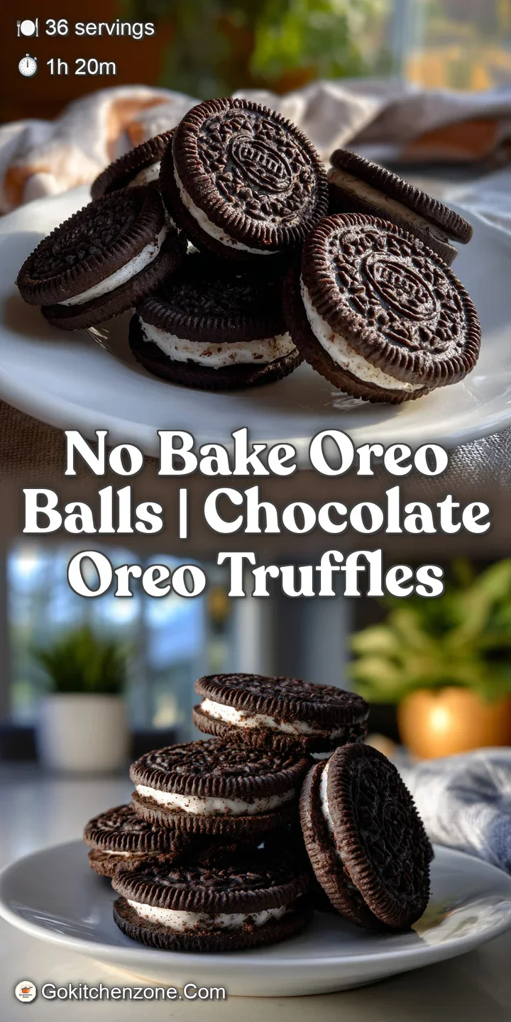 A close-up reveals a soft, dark chocolate Oreo ball with a creamy interior. The texture looks smooth and inviting, perfect...