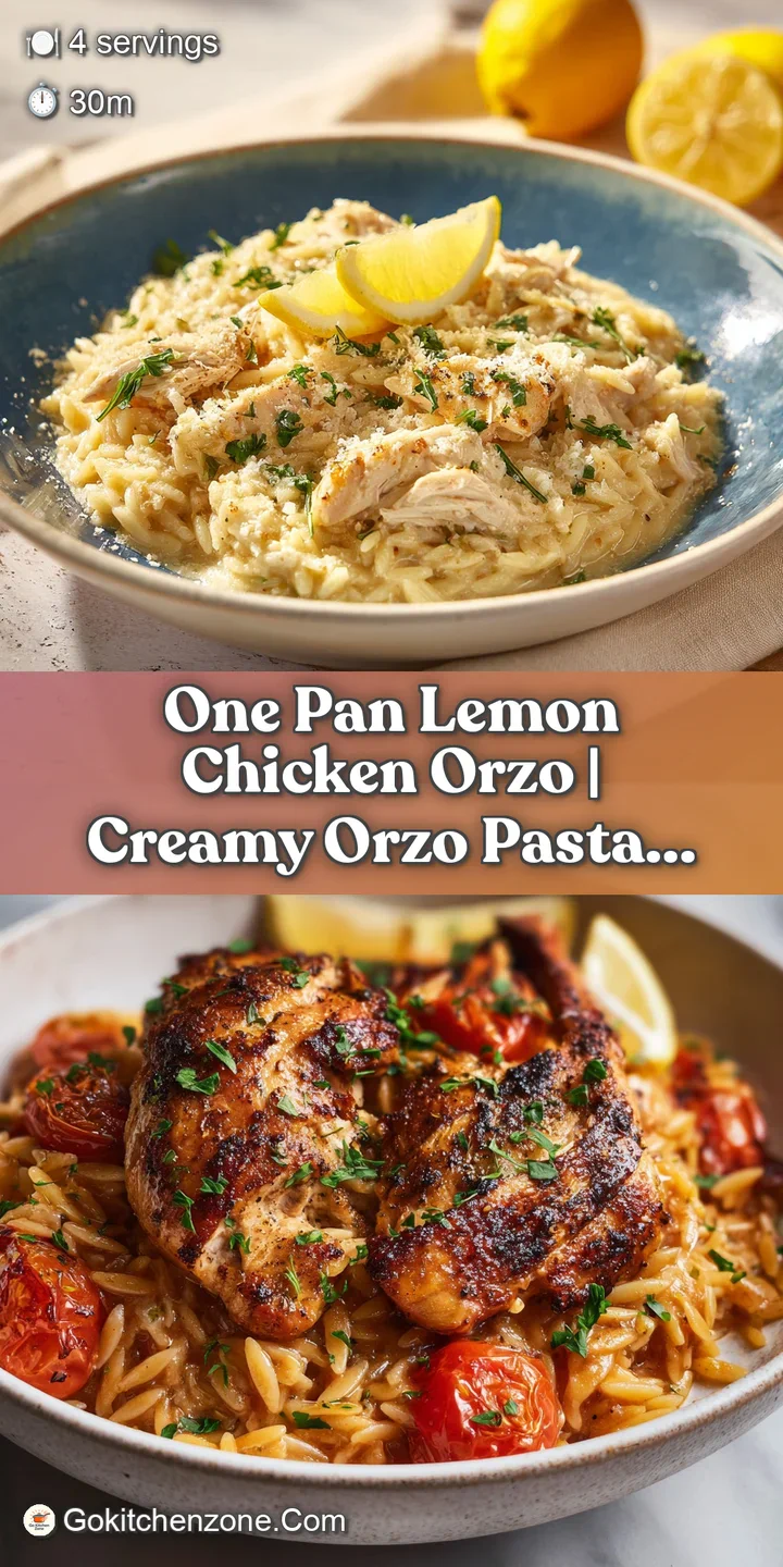 Close-up of fluffy orzo pasta coated in a bright lemon sauce, topped with succulent chicken.