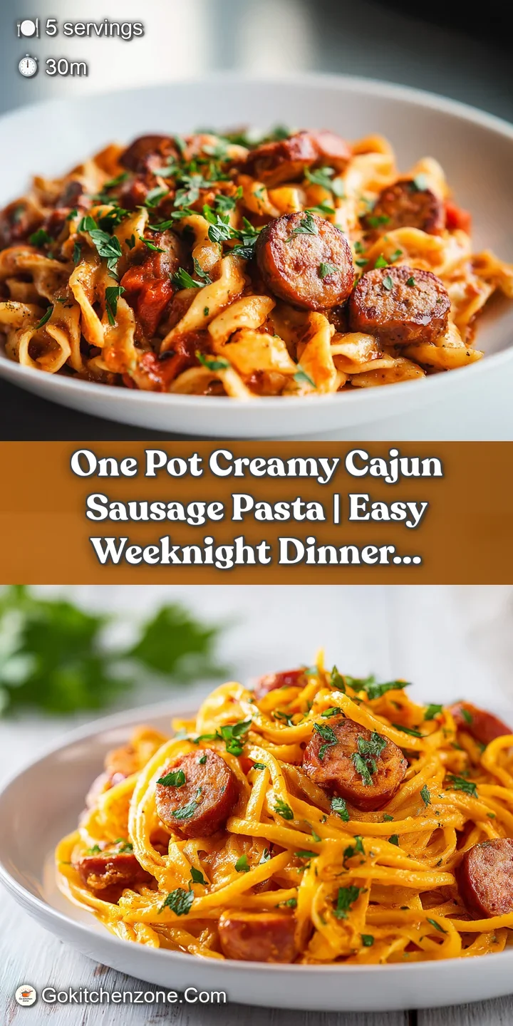 A close-up view of tender pasta coated in a luscious, creamy Cajun sauce with visible pieces of spicy sausage.