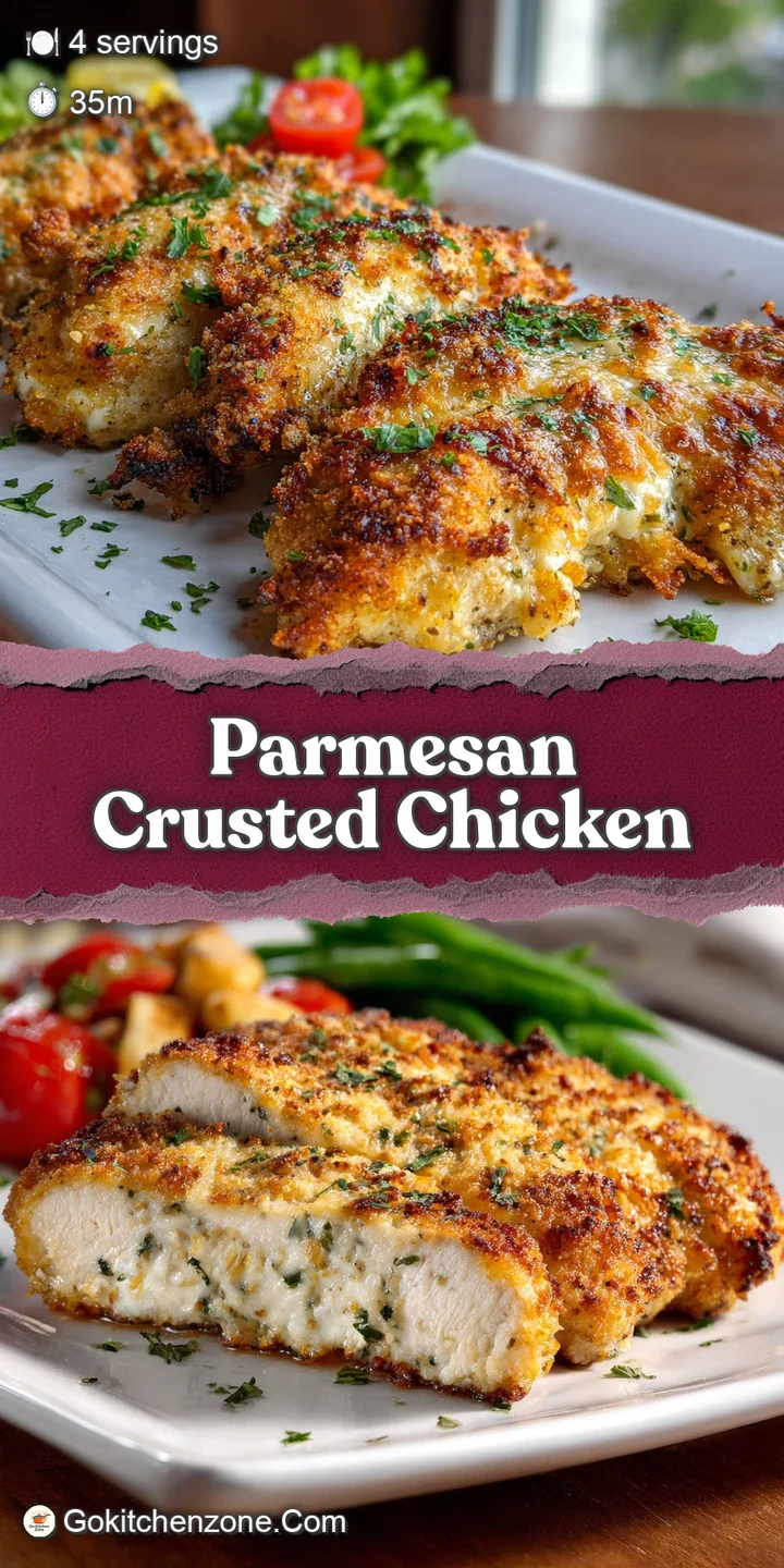 Close-up shows the textured, cheesy crust of the baked chicken. Melty parmesan with golden, crispy bits. So juicy!