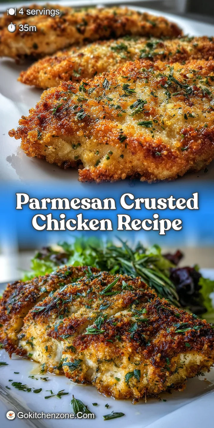 Close-up of a parmesan-crusted chicken cutlet, highlighting the crispy, golden breading and juicy chicken underneath. Mout...