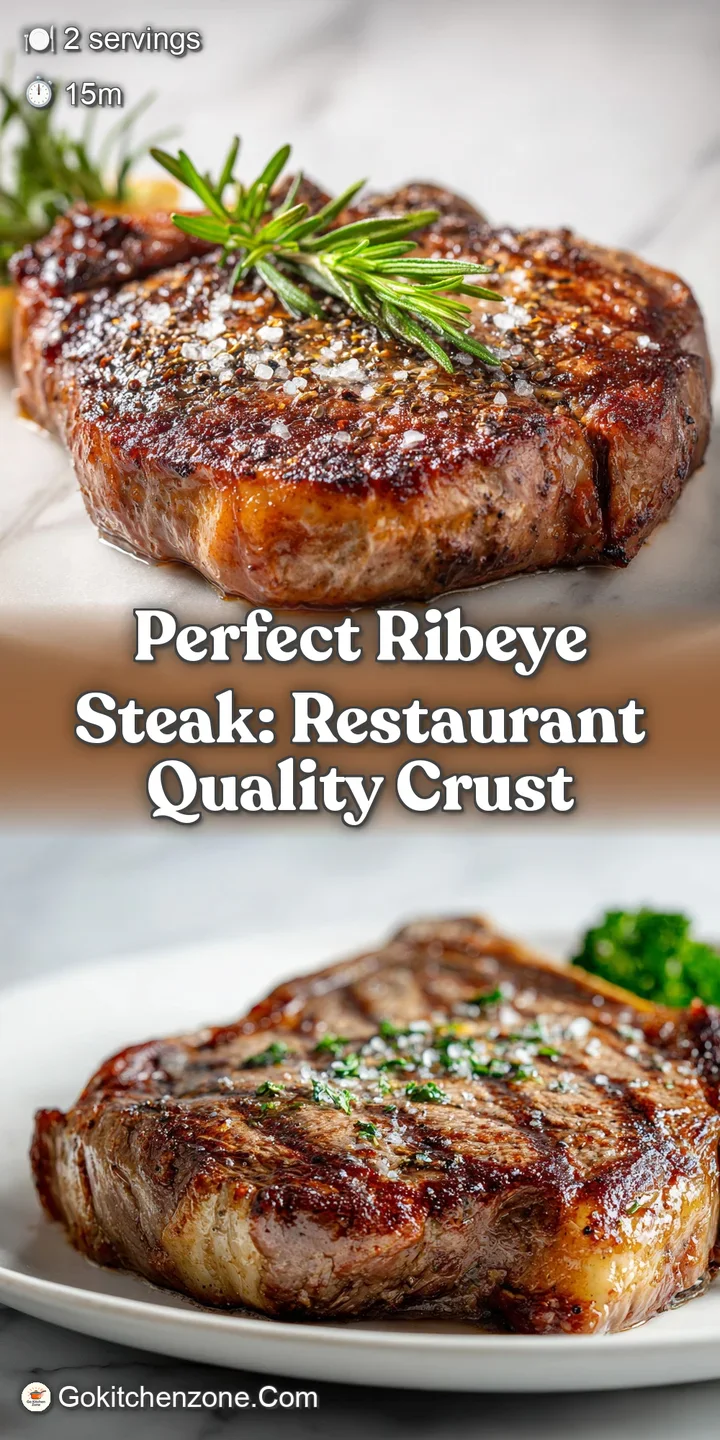 Close-up of a juicy ribeye steak: deep brown crust, glistening fat marbling, and a perfect medium-rare pink center.
