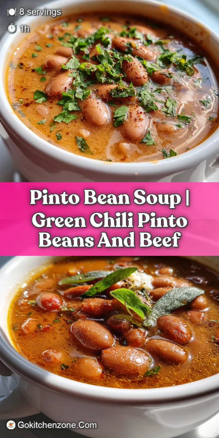 Close-up of velvety pinto bean soup with visible bean texture, bright cilantro, and a smoky sheen on the surface.