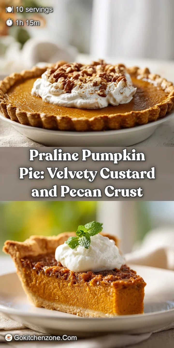 Close-up captures the texture of candied pecans, smooth pumpkin filling, and crisp pie crust of a delicious praline pumpki...