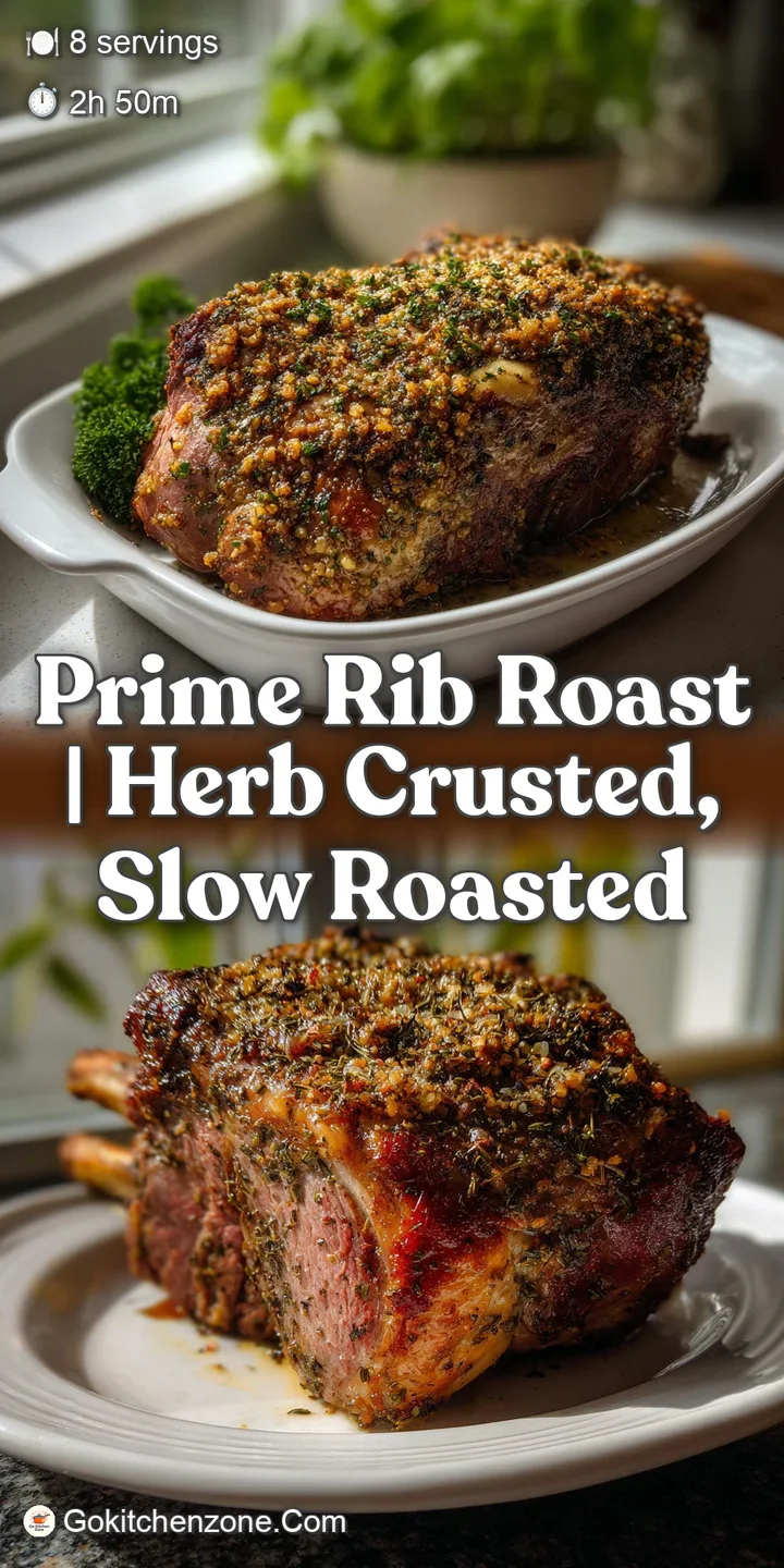 Close-up of succulent prime rib, glistening with rendered fat. The herb crust offers a tantalizing texture contrast. A tru...