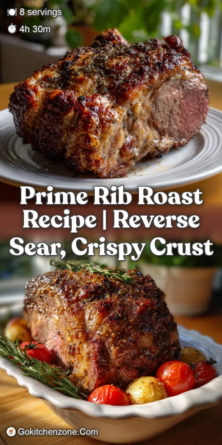 Close-up of a prime rib slice, revealing a juicy, pink interior beneath a shatteringly crisp, dark-brown crust; steam risi...