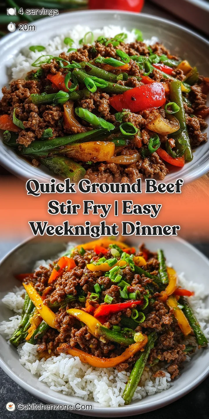 Close-up of browned ground beef, crisp tender vegetables, and dark brown sauce glistening, showcasing texture and aroma of...