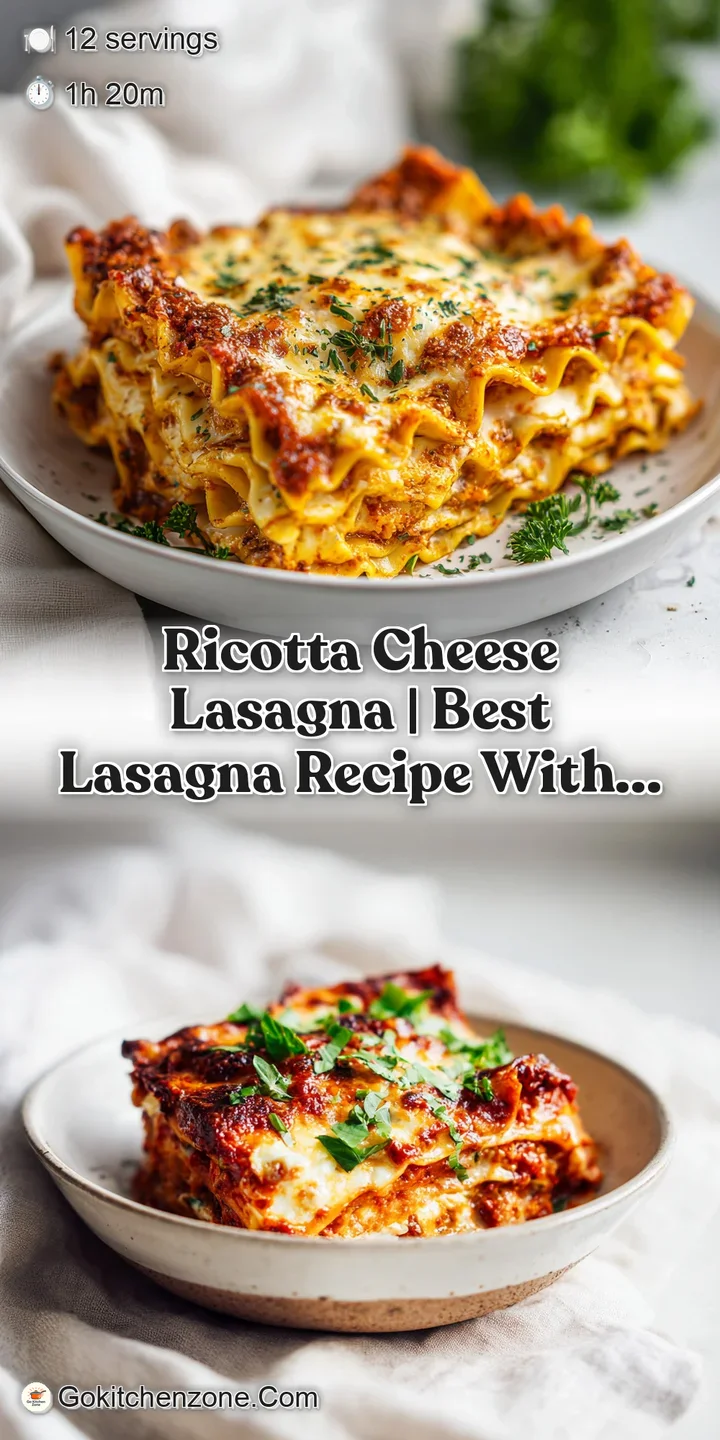 A close-up reveals tender pasta, savory meat sauce, and creamy, melted ricotta cheese in a bubbling, hot lasagna slice.