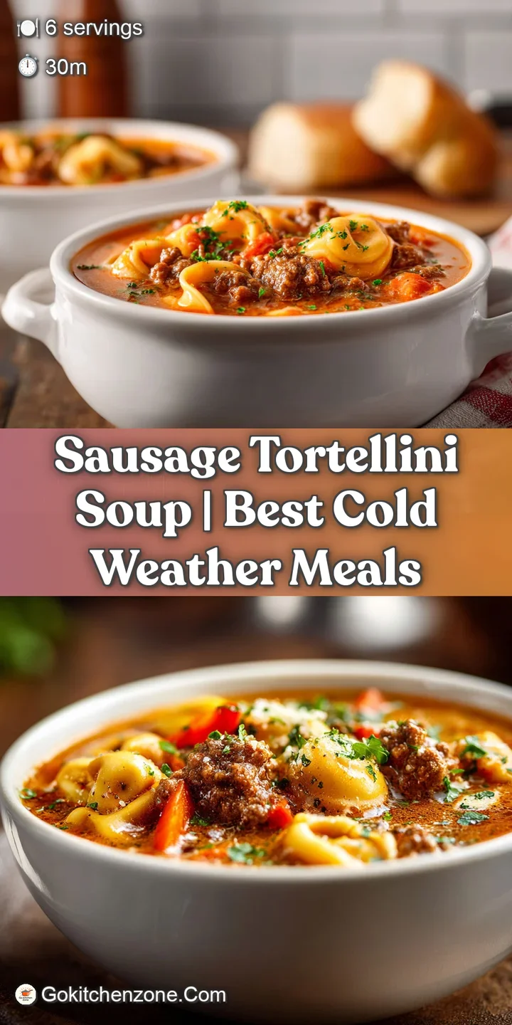 Close-up of plump tortellini and savory sausage chunks bathed in a warm, inviting red broth.